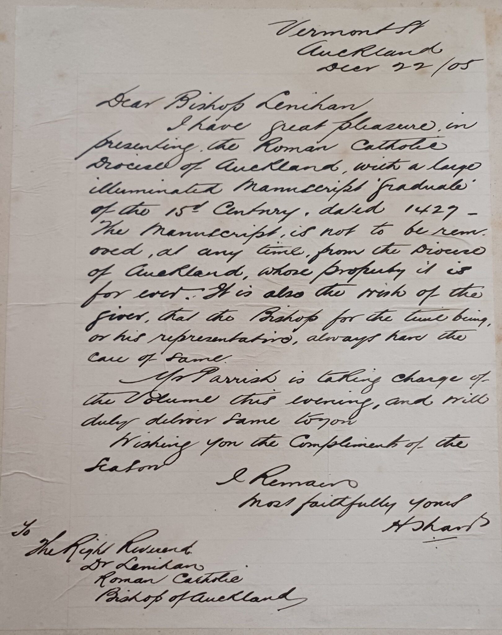 Letter donating 1427 illuminated gradual to dioces